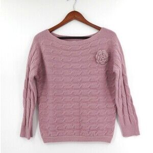 Military Hippie Cable Knit Sweater Womens L-XL Pink Boat Neck Flower-Brooch Cozy